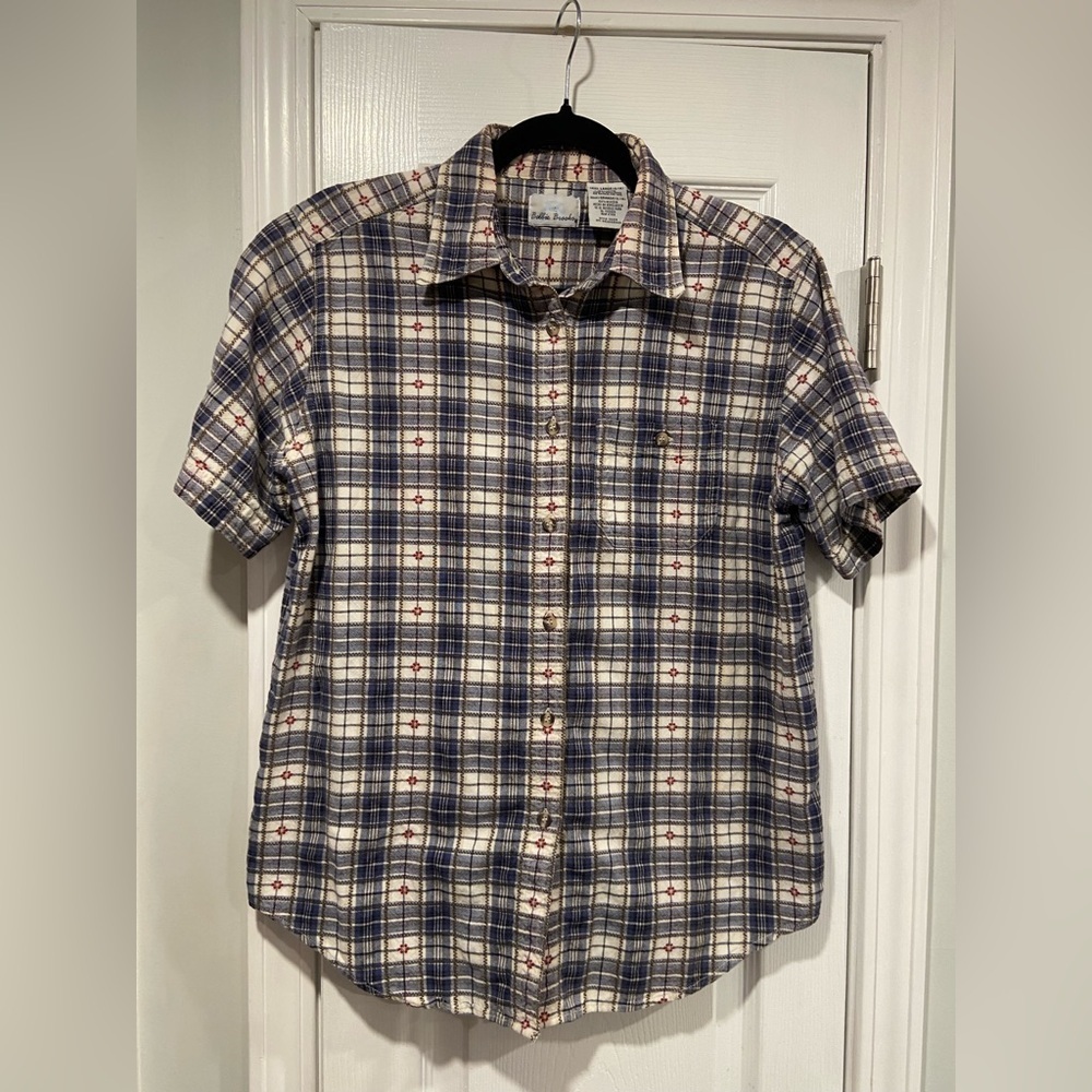 VTG Bobbie Brooks Size L Blue Plaid Red Floral Embroidered Cotton Button Top